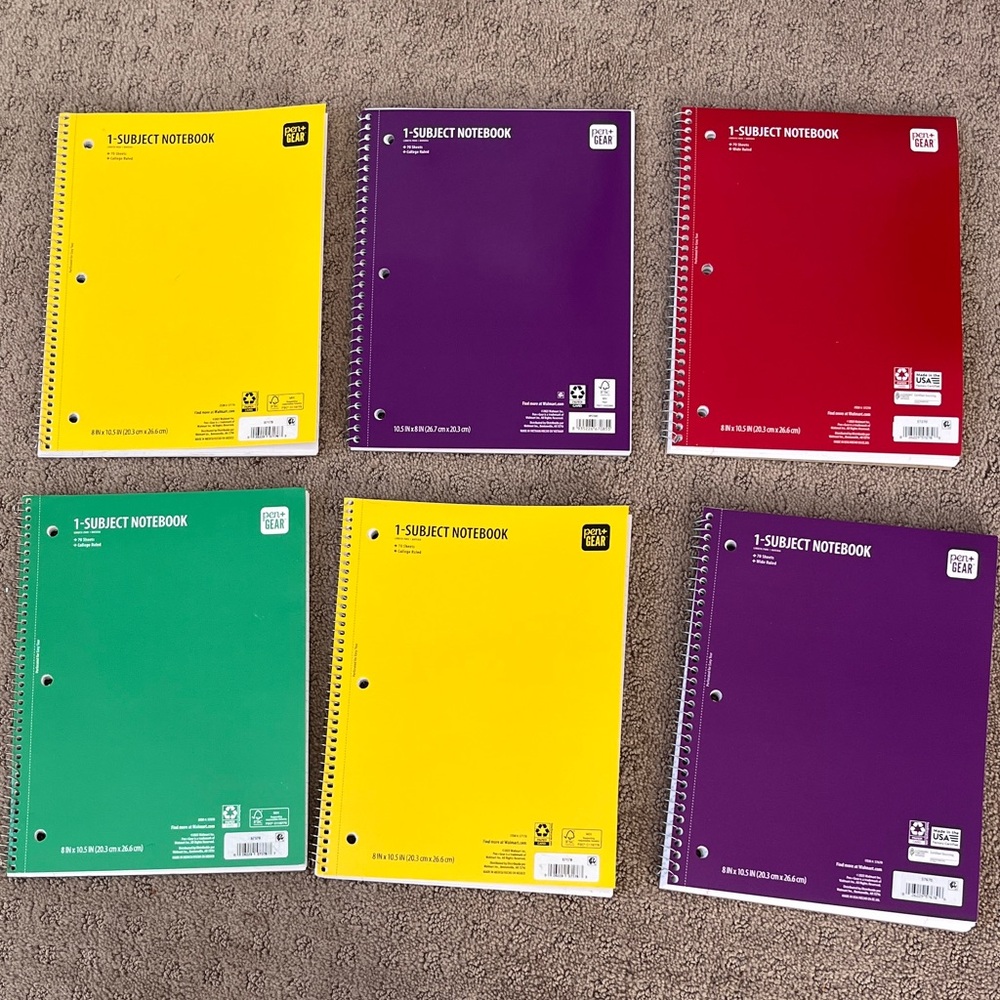 Colorful Spiral Notebooks Set - Yellow, Purple, Green, Red, Wide & College Rule